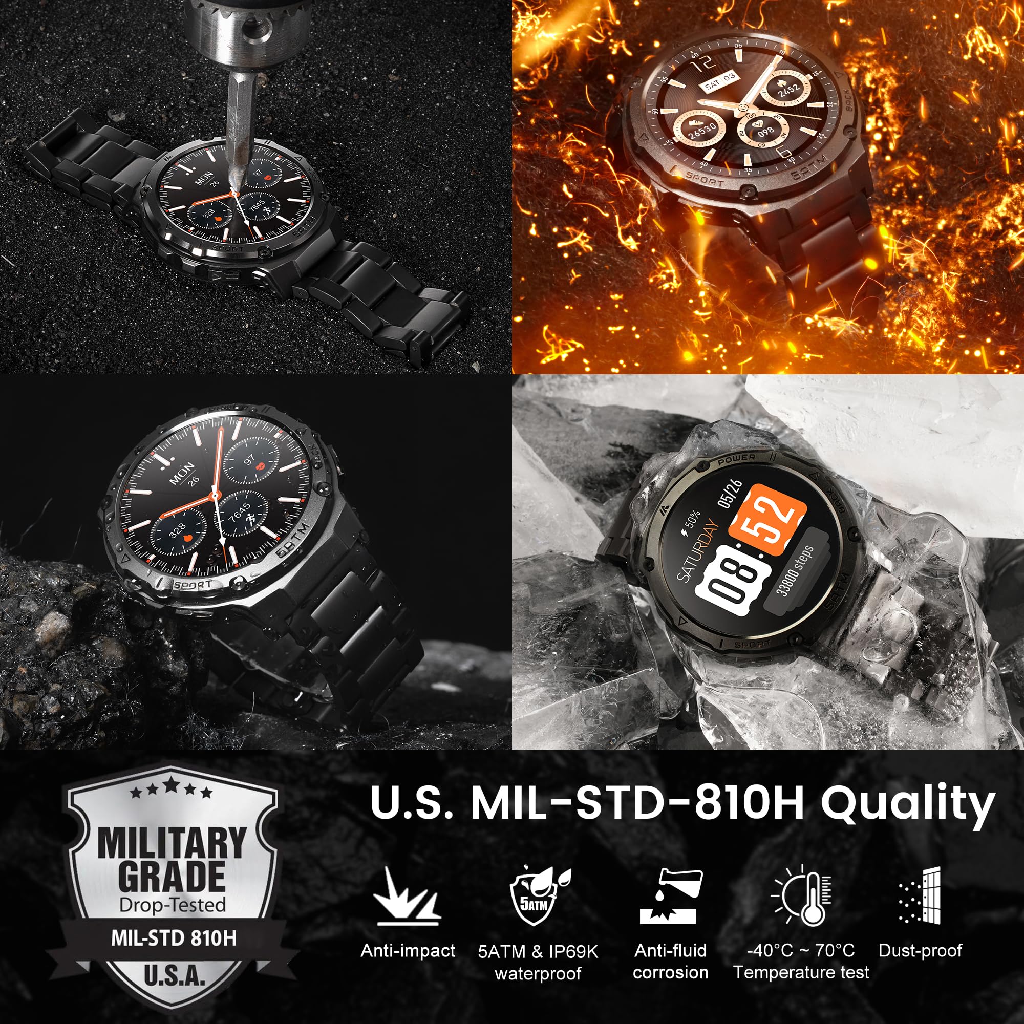 Hidamel Smart Watches For Men Gps, Pressure,Altitude,Compass, 480Mah Extra Large Battery, 50M Waterproof, Full Metal Body Rugged